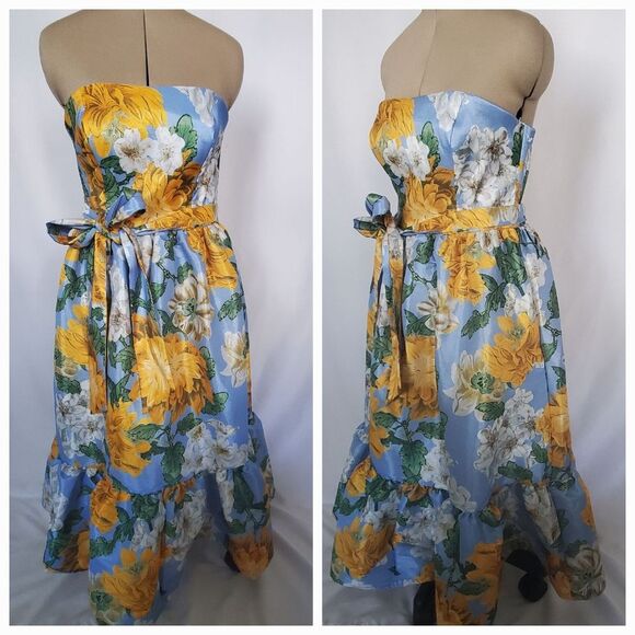 NWT New York & Co Women's Dress Medium Blue Yellow Floral Midi Pockets Strapless - Picture 4 of 11